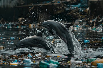 Obraz premium Two dolphins are playing in the water, surrounded by plastic bottles