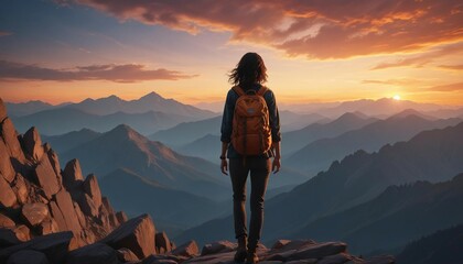 silhouette of a woman with a backpack at the top of a rocky mountain and watching the mountain layer
