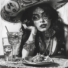A dramatic drawing of mexican woman with taco and tequila