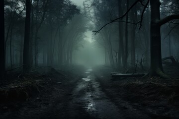 Fototapeta premium Cinematic Tranquility Dark Green Forest Path.jpeg