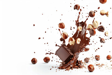 Dynamic image of chocolate pieces and hazelnuts exploding, capturing the movement and excitement of the moment. Generated AI