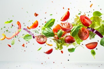 Fresh vegetables and salad ingredients flying in the air against a white background, showcasing vibrant colors and healthy food concepts. Generated AI