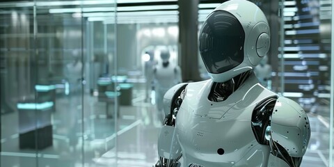In a stateoftheart AI laboratory, a detailed look at a cuttingedge robotic being set among various androids