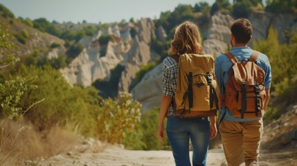 Travellers couple hiking on easy trail in nature with backpacks. Young tourist resting, enjoying breathtaking view. Summer vacation