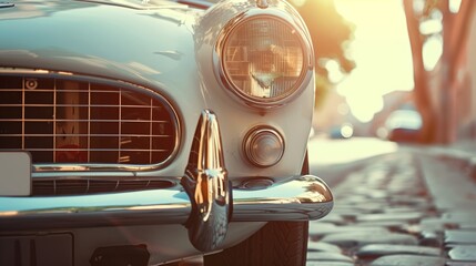 Fototapeta premium Vintage car headlight detail of an old red automobile with shiny chrome grill and bumper