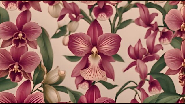 Conceptual tropical flat nature pattern with flowers orchids in modern style, trendy jungle video wallpaper.