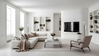 Fototapeta premium Frame mockup A paper size. Living room wall poster mockup design.Interior mockup with house background. Modern interior design. 3D render