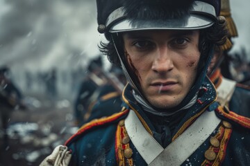 Intense soldier's gaze, Napoleonic uniform, battle-worn face in stormy scene.