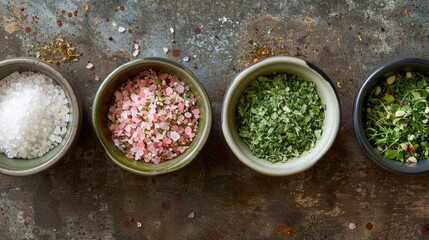 Variety of seasonings garlic salt pink green and blaan herbs