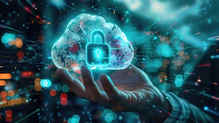 Hand holding a glowing cloud with a digital lock icon, symbolizing cloud security, data protection, futuristic hologram, neon blue tones
