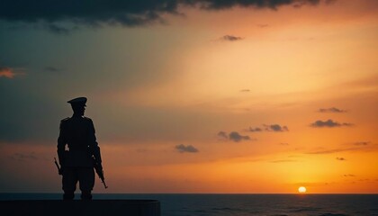 silhouette of a soldier standing guard next to a watchtower, dramatic sunset view

