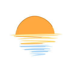 beach sunset cartoon. view blue, evening beautiful, morning ocean beach sunset sign. isolated symbol vector illustration