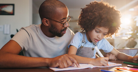 Naklejka premium Father, boy and notebook with writing, education or helping hand for advice with problem solving in family home. African man, child and learning for development, math or check at apartment in Chicago