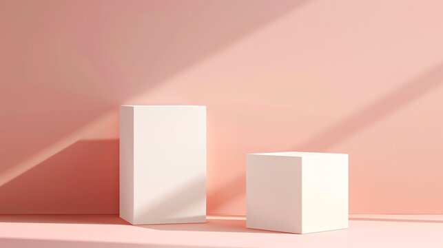 Minimalist design with geometric shapes, featuring two white rectangular podiums in front of a pink background.