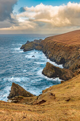 Hermaness National Nature Reserve, Unst Island, Shetland Islands, Scotland, cliffs, windy sea, rocky coast and grassland