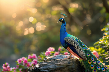 Obraz premium Portrait of a peacock in flowers