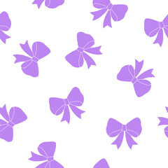 Seamless aesthetic pattern with purple bows. Cute ribbons. Feminine romantic background for packaging, textile, fabric, wallpaper, wrapping. Vector illustration isolated on white background