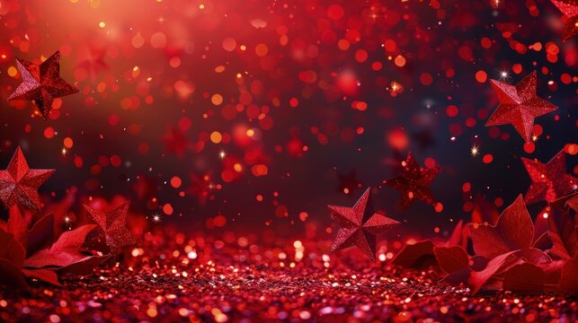 A fiery red glitter background with vibrant red star confetti, creating a dynamic and energetic look, suitable for a music album cover or a promotional poster for a live event. - Powered by Adobe
