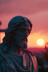A statue of Jesus Christ with a cross in the background, suitable for religious or inspirational contexts