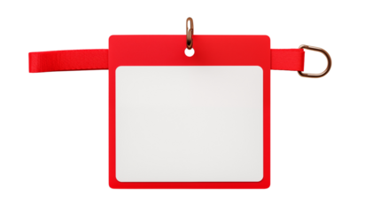 Blank badge or ID pass with a red ribbon, isolated on transparent background.