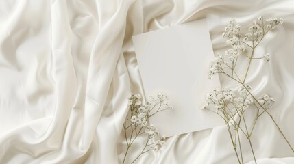 White paper card wedding invitation mockup with gypsophila flower branches on silk background
