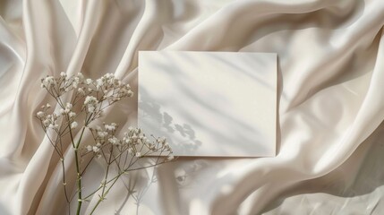 White paper card wedding invitation mockup with gypsophila flower branches on silk background
