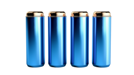 Blue AAA, AA and PP3 batteries, isolated on transparent background.