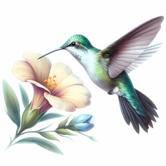 watercolor of hummingbird hovering over a flower on white background