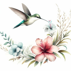 watercolor of hummingbird hovering over a flower on white background