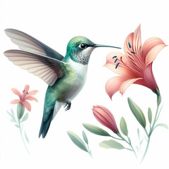 Obraz premium watercolor of hummingbird hovering over a flower on white background