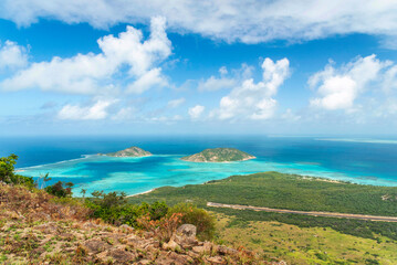 Spectacular aerial view of coral reefs from Cooks Look on Lizard Island. It is located on Great Barrier Reef in north-east part of Australia