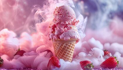 Strawberry Icecream Cone with a Pink Smoke and Strawberries 