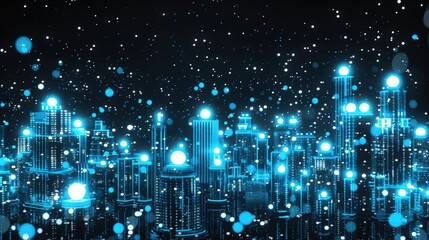 Obraz premium A futuristic cityscape with buildings emitting blue glowing bubbles of different sizes, with white stars dotting the night sky, reflecting a high-tech neon vibe on a black background.