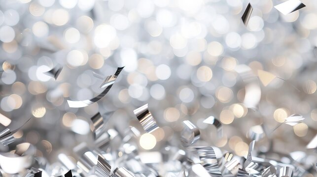Close-up of silver confetti on a blurred background, creating a festive and solemn atmosphere. Space for inscription.