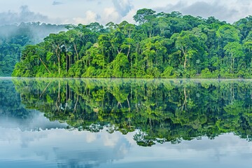Tranquil rainforest reflecting on mirror-like water surface