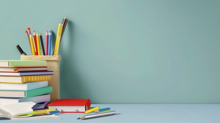 Fototapeta premium Mockup with space for text with School supplies ready for use on the first day of school on a soft background.
