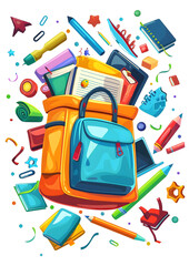 Colorful Backpack Filled With School Supplies Surrounded By Scattered Items