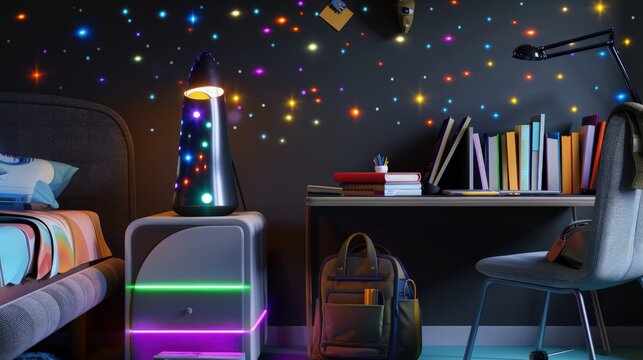 A futuristic teenager's room with a sleek lamp on the bedside table, a desk filled with books, and a school bag on the chair. The bed is lively with colorful lights. - Powered by Adobe