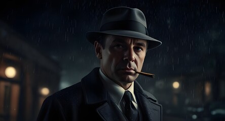A vintage gangster detective in an overcoat and fedora, holding his cigar under the rain at night in the style of film noir.