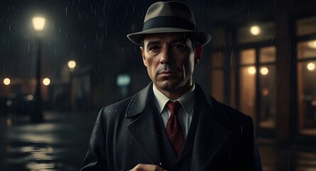 A vintage gangster detective in an overcoat and fedora, holding his cigar under the rain at night in the style of film noir.