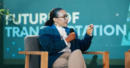 Conference, woman and speaker on stage for talk, speech or discussion with workshop host. Panel,...