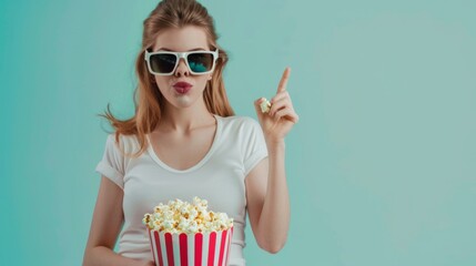 Young cool woman she wears white top shirt casual clothes 3d glasses watch movie film hold bucket of popcorn in cinema point finger