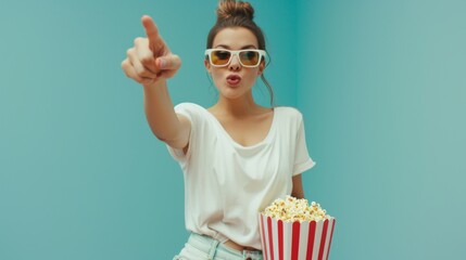 Obraz premium Young cool woman she wears white top shirt casual clothes 3d glasses watch movie film hold bucket of popcorn in cinema point finger