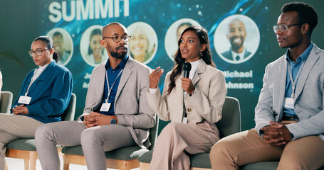 Seminar, presentation and group of business people on stage for coaching expert, event and...