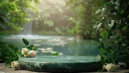 Fototapeta premium Serene Garden with White Roses and Stone Platform
