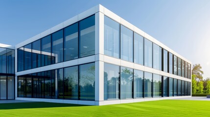 Fototapeta premium Modern office building with large glass windows, green lawn, sunny day, clear blue sky, high-resolution photo for corporate and architecture themes, focus cover all object