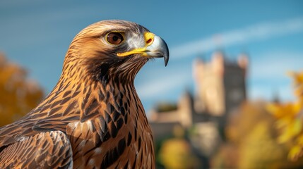 Fototapeta premium A majestic and clear photo of a Goldeeg bird against the backdrop of a historic castle, focus cover all object