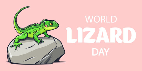 Green lizard on rock or stone vector illustration. World lizard day poster in cartoon style isolated on a pink background. Concept of wildlife protection, suitable for world lizard day