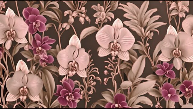Conceptual tropical flat nature pattern with flowers orchids in modern style, trendy jungle video wallpaper.
