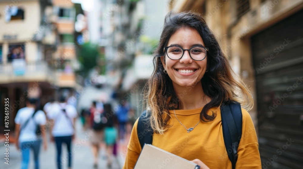 Wall mural young latin student girl smiling happy holding folder at the city